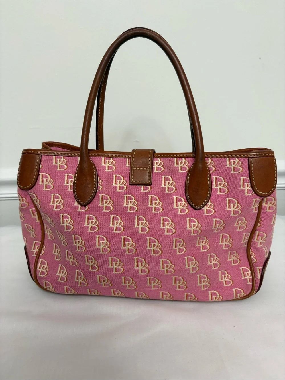 Dooney & Bourke Pink Logo Satchel with Brown Leather Trim
